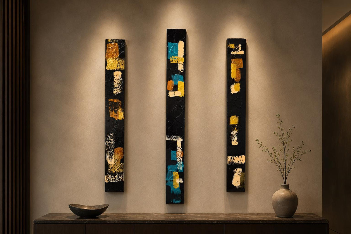 Set of Three 36″ Abstract Wood Wall Panels — Black, Teal, Copper & Gold