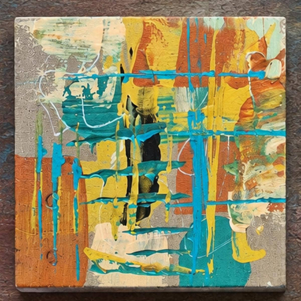 Individual Copper Horizon 4×4 wood panel with turquoise, yellow, copper, cream and silver textures