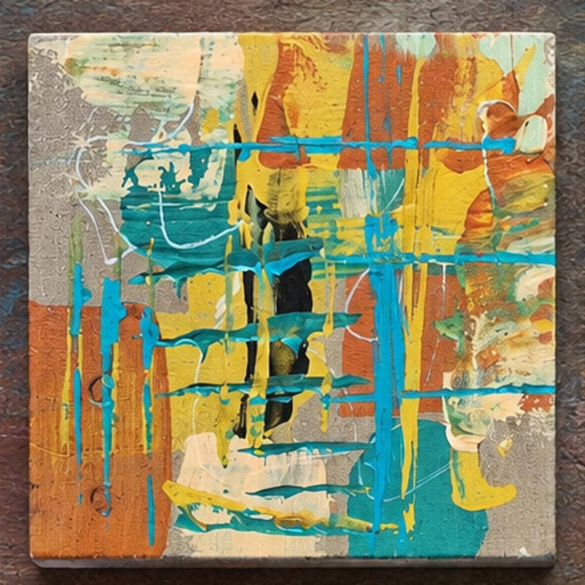 Individual Copper Horizon 4×4 wood panel with turquoise, yellow, copper, cream and silver textures