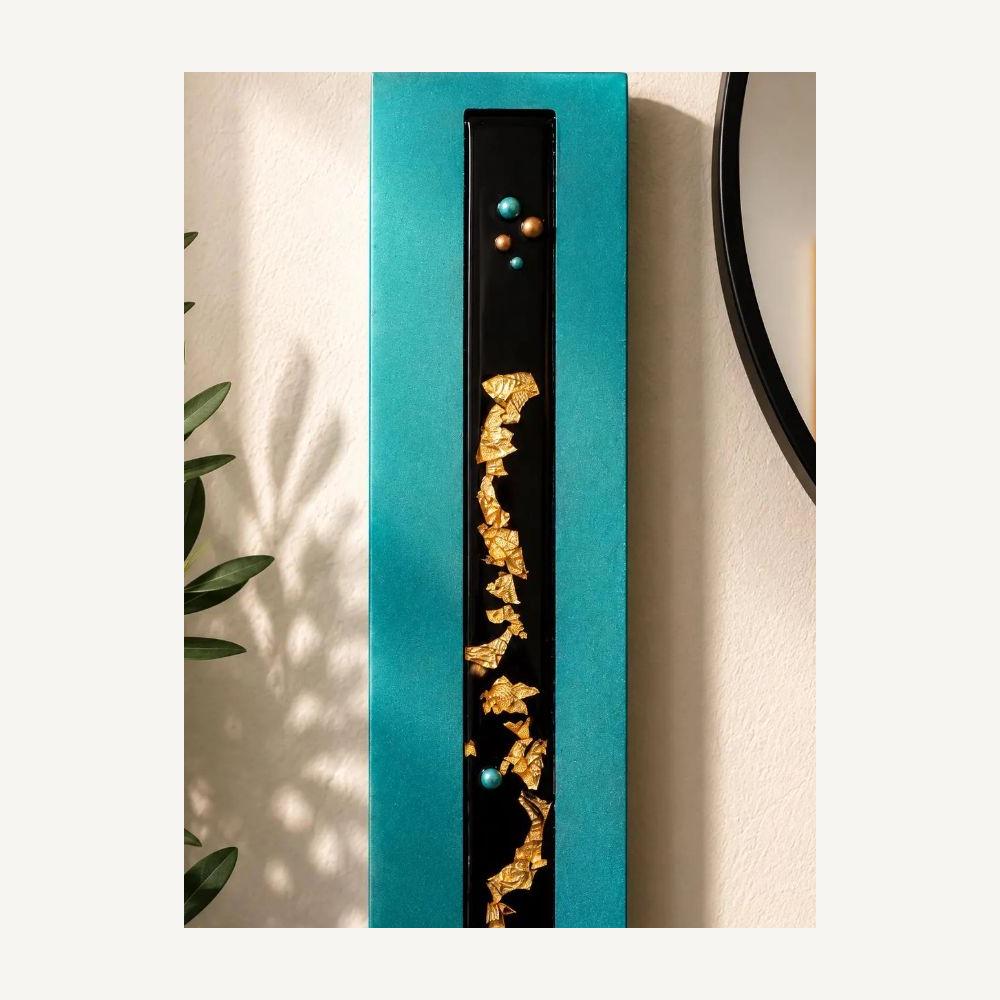 36″ Resin-Filled Wood Wall Art — Teal, Black & Copper Leaf