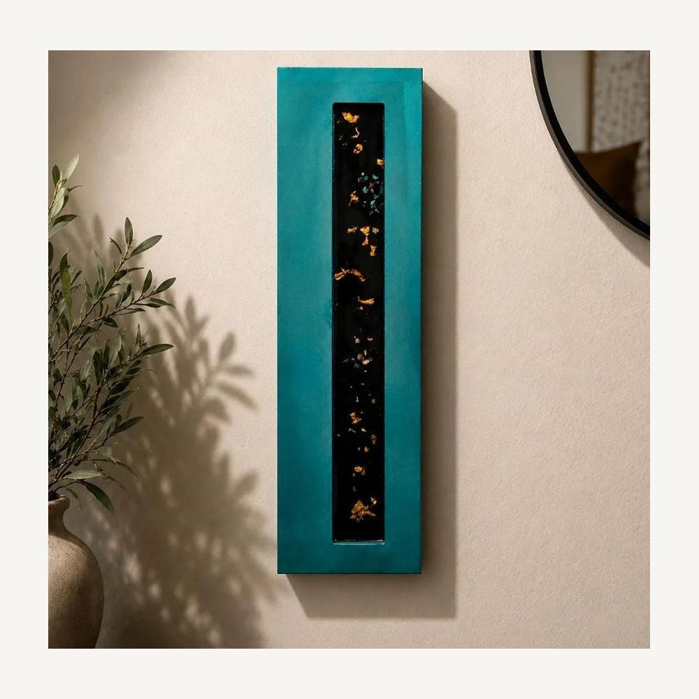 24″ Resin-Filled Wood Wall Art — Teal, Copper Leaf & Crushed Glass