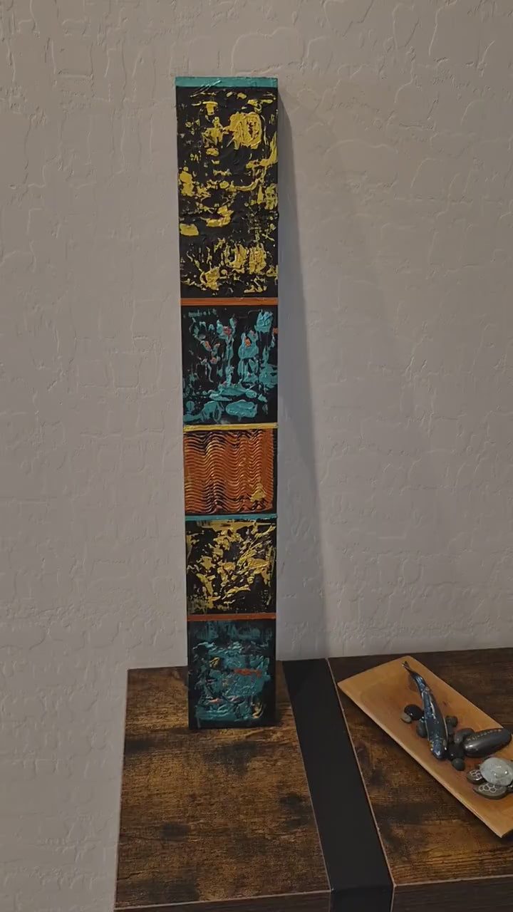 Video of 24-Inch Teal and Copper Abstract Wood Wall Sculpture - Copper Wave Totem