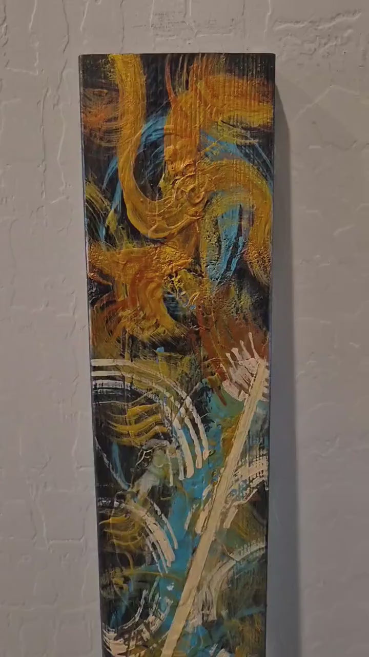 Video of 24-Inch Teal and Gold Textured Abstract Wood Wall Art