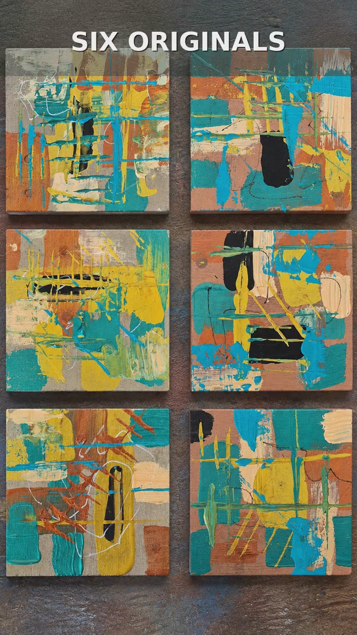 Video of Set of 6 Colorful 4x4 Abstract Wood Panels - Teal, Copper and Yellow