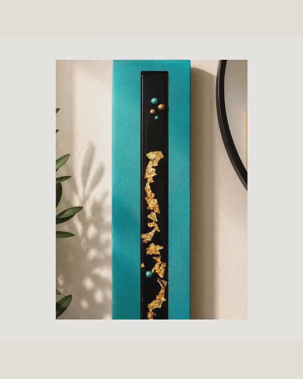 Video of 36-Inch Resin-Filled Abstract Wood Wall Art - Teal, Black and Copper Leaf