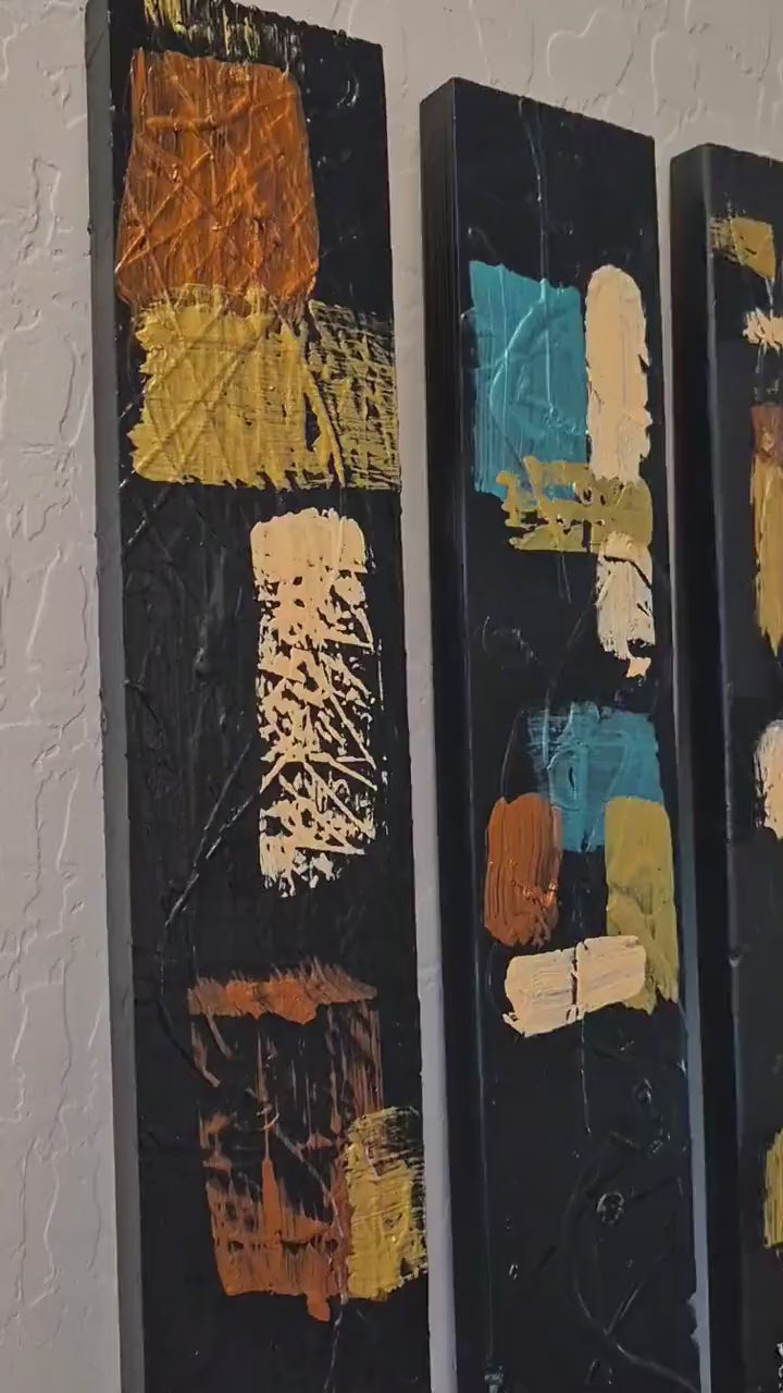 Video of Set of 3 36-Inch Abstract Wood Wall Panels - Black, Teal, Copper and Gold