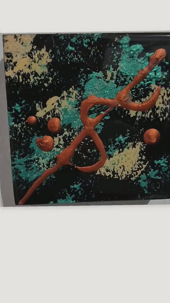 Video of Set of 3 Resin-Coated 4x4 Abstract Wood Panels - Black, Teal and Copper