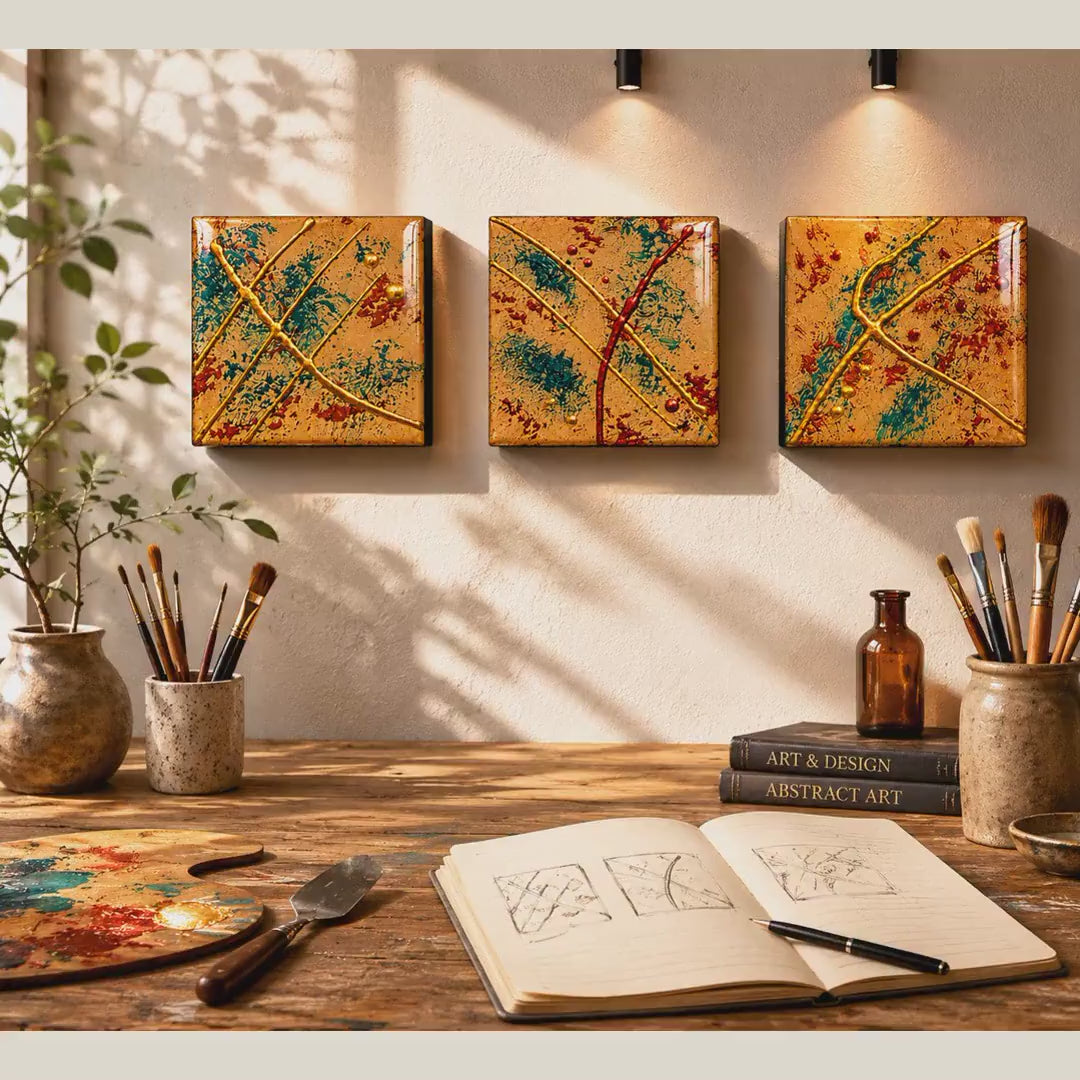 Video of Set of 3 Resin-Coated 4x4 Abstract Wood Panels - Teal, Copper and Gold