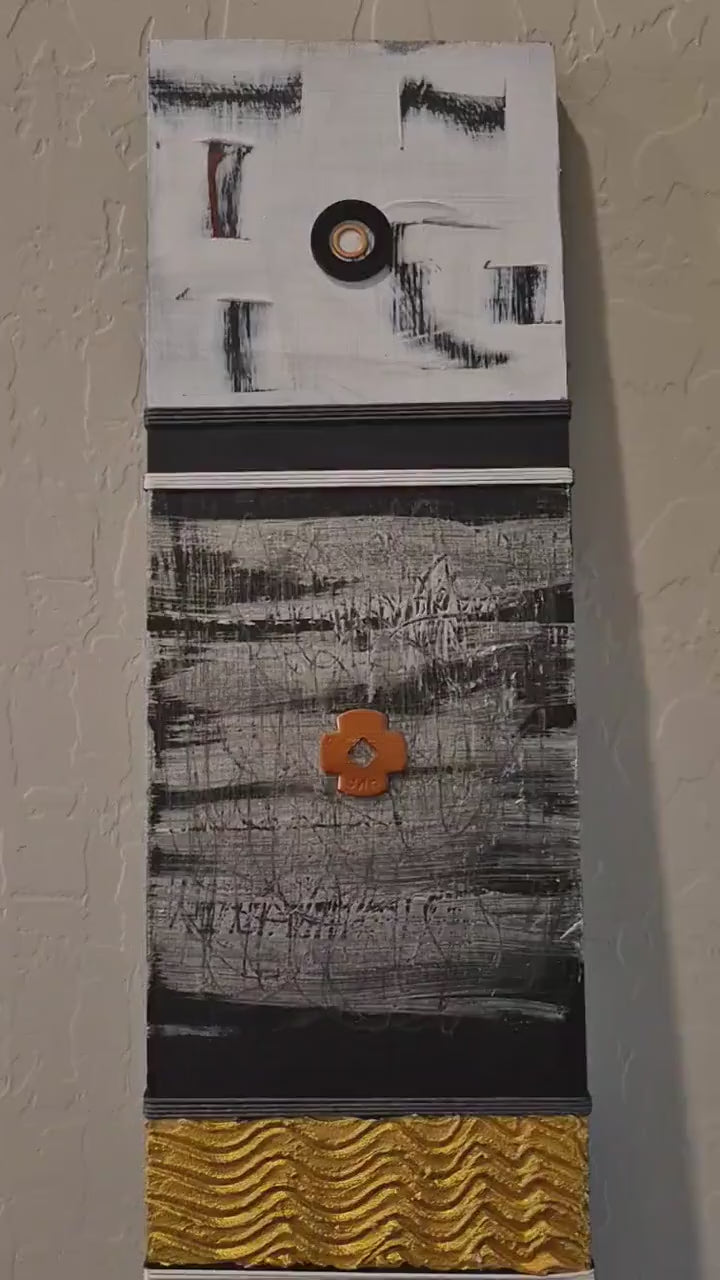 Video of 36-Inch Black, White, Gold and Copper Textured Wood Totem Wall Art